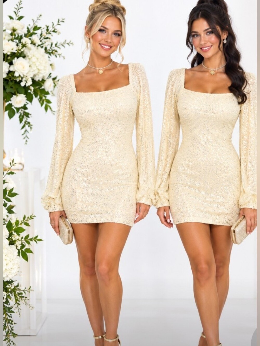 Emerald Sundae Sz XS Cream/Ivory Sequin Square-Neck Long Sleeve Mini Dress